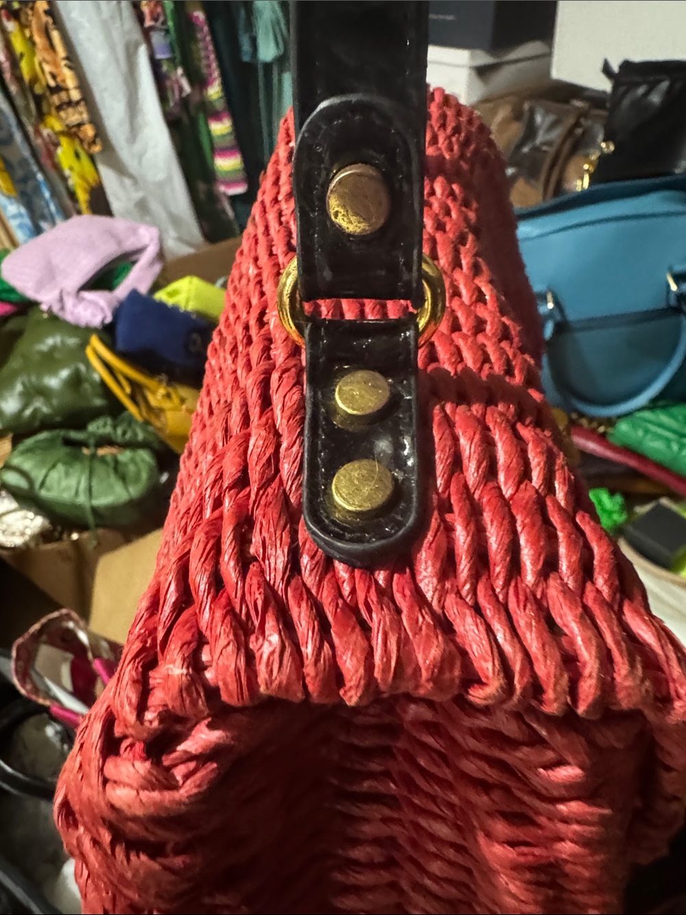 Red Woven Top-Handle Bag with Gold Accent - Picture 3 of 4
